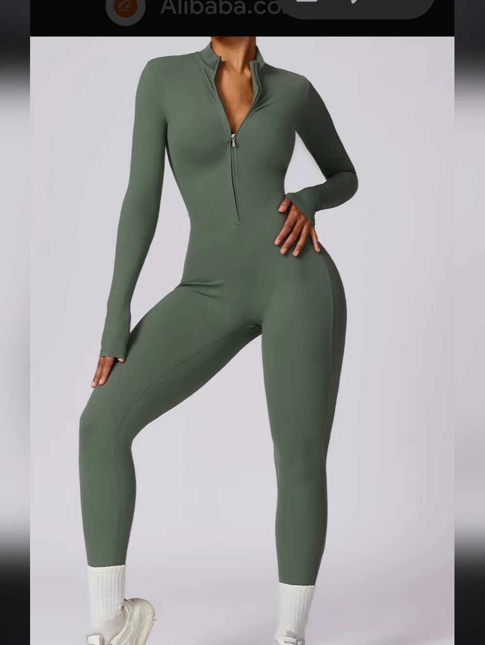 Long-Sleeve Olive Green Zip-Front Jumpsuit